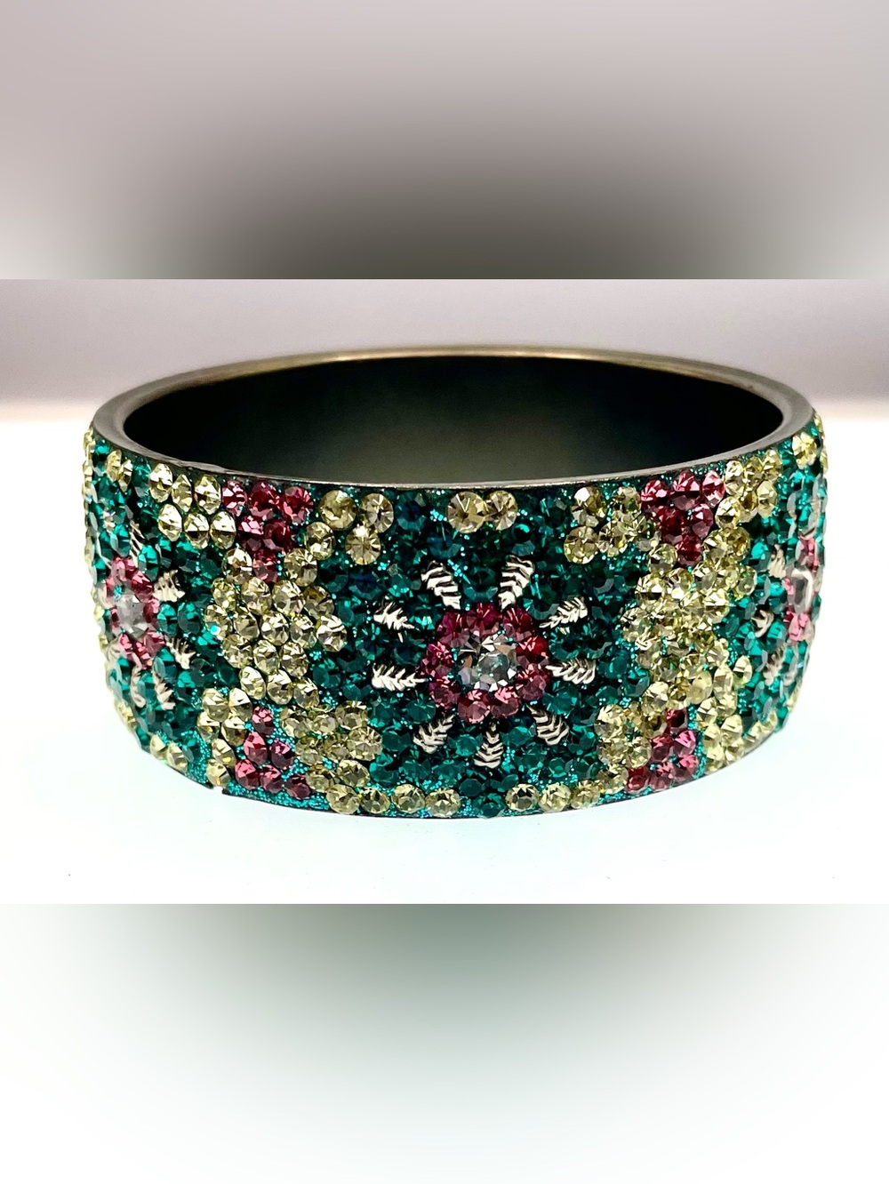 Vintage Rhinestone Crystal Floral Cuff Bracelet Wide Multicolor Statement - Picture 7 of 10